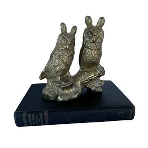 Vintage Brass Owls on Log Statue Figurine Statue